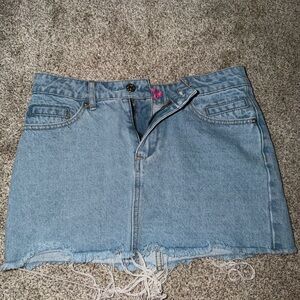 Edikted Light Blue Denim Mini Skirt with Frayed Hem